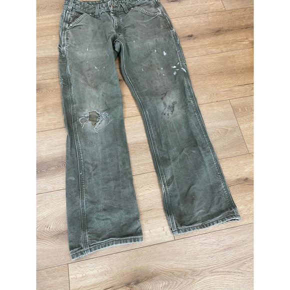 Carhartt Dungaree Pants Olive Green Size 32x31 Distressed Paint Repair - Picture 2 of 8